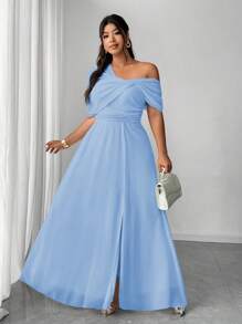 Elenzga Robe épaule unique fendue en mousseline de soie élégante et romantique pour mariage/fête/événement pour femmes grande taille