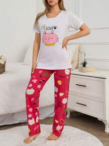 EURMUSE 2 pièces ensemble de pyjama coton femme avec haut imprimé chat mignon à manches courtes et pantalon à motif chat contrastant