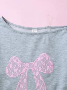 SHEIN Tween Girls' Lace Bow Embroidered Shoulder Strap Pullover Sweatshirt - Grey - View 4