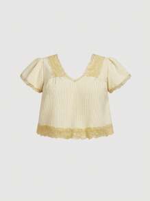 SHEIN MOD Bluză bej cu dungi vintage boemă, romantică, cu decolteu în V adânc, cu dantelă, mărime plus, cu mânecă scurtă