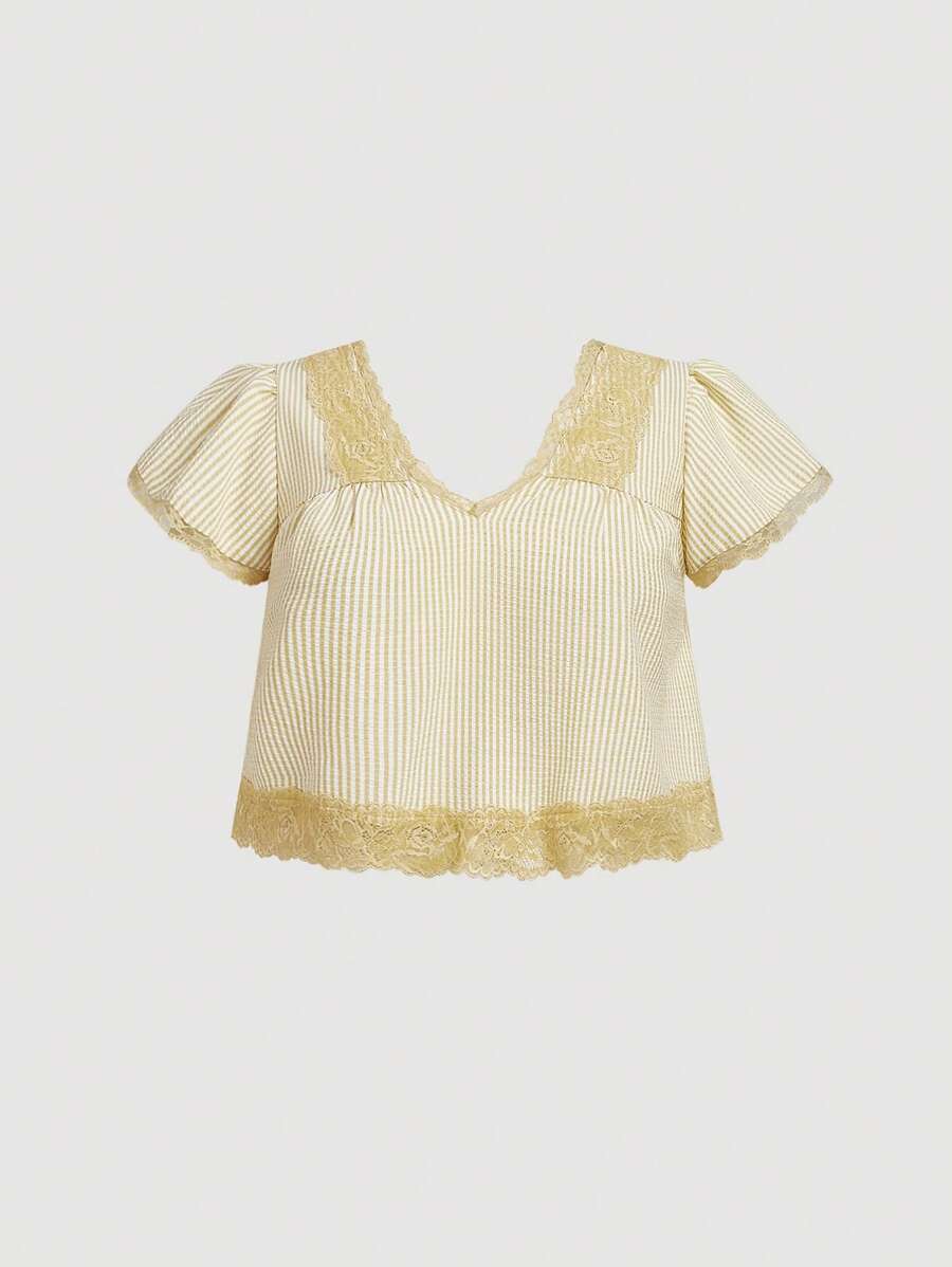 SHEIN MOD Bluză bej cu dungi vintage boemă, romantică, cu decolteu în V adânc, cu dantelă, mărime plus, cu mânecă scurtă