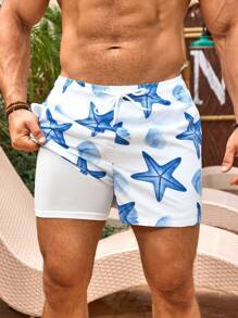 Manfinity VDAYZ Shorts casuales de playa con estampado de estrellas de mar para hombres, hawaianos