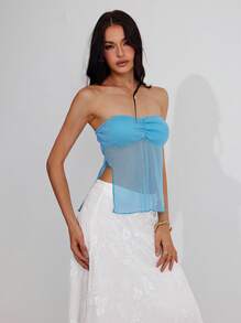 Roylia 女士优雅短款上衣，采用透明网眼亮片侧开衩设计 - 藍色 - 查看 1