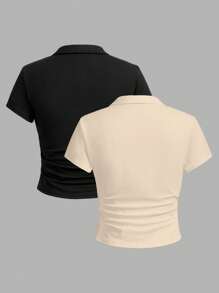 SHEIN Essnce Set de 2 camisetas de mujer con cuello polo, cuello en V, pliegues y mangas cortas - Multicolor - Ver 2