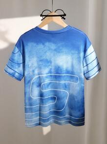 1 pieza Camiseta de manga corta cómoda con estampado de estrella y efecto tie-dye para niños, muy adecuada para el verano