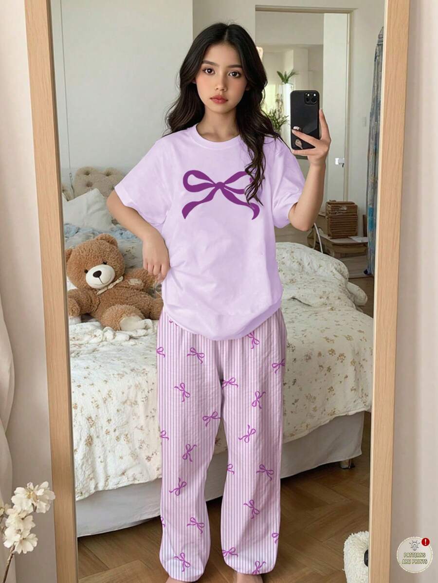 SHEIN 女童两件套宽松休闲短袖上衣和裤子睡衣套装 - 彩色 - 查看 1