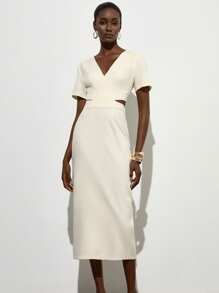 Aveloria Modichic 新款V领镂空露背系带腰设计开衩优雅连衣裙，简约通勤风 - 米色 - 查看 6