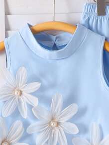 Elladie kids 2 件女童无袖碎花亮黄色上衣和宽松阔腿裤时尚春夏装