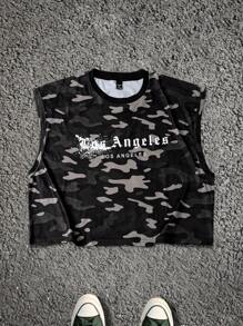 Manfinity EMRG Men's Letter & Camouflage Print Round Neck Casual Tank Top Men Camouflage Tshirt Los Angeles T Shirt Men S Camo