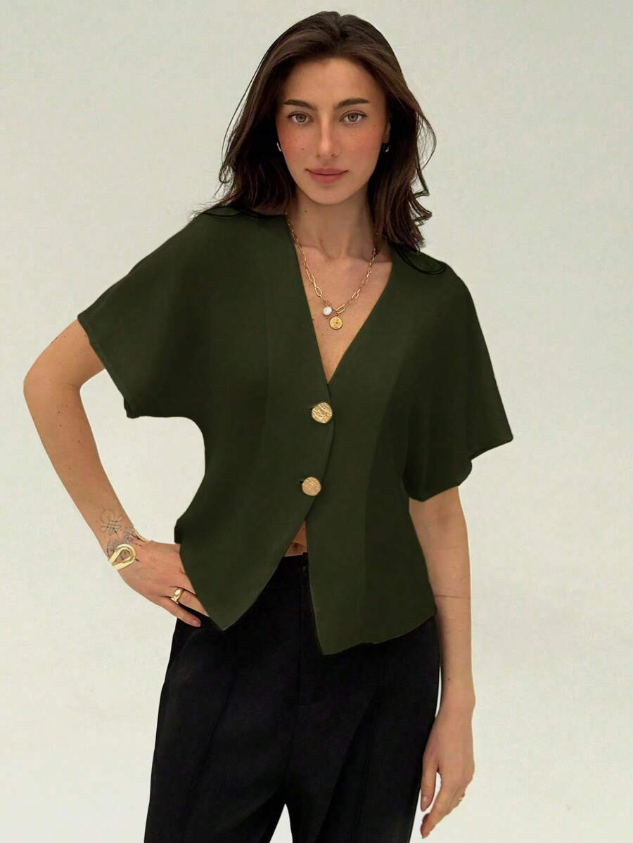 Aloruh Elegant Bat Wing Sleeve Double-Breasted Buttoned Solid Color Casual Shirt - Army Green - View 1