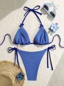 SHEIN Swim Curve 2pcs/Set Plus Size Women's Blue Plaid Print Spaghetti Strap Halter Bikini Set For Summer Beach Holiday