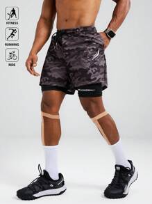 Acti Log Men's Camouflage Print Drawstring Waist 2-In-1 Fitness Workout Shorts Biker Shorts Running Shorts - Black - View 4