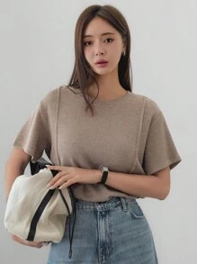 Dazy-Less 女士圆领宽松休闲拼接短袖T恤，夏季，商务休闲女装 - 卡其色 - 查看 3