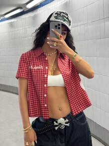 StreetHx Printed Casual Street Style Check Short Sleeve Blouse For Women - Red - View 2