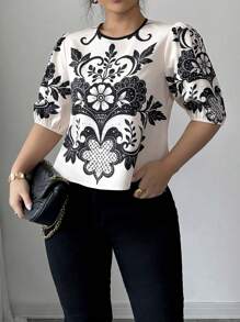 Elenzga 加大码圆领扎染复古图案拼色短款上衣，优雅短袖衬衫，适合春夏季度假，新款时尚修身摄影衬衫