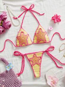 Swim Mod 2022 Summer Beachwear Girl Cute Crochet Starfish Colorblock Bikini Set - Multicolor - View 2