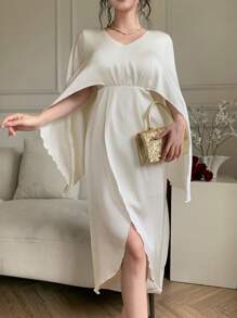 DAZY 女式中长款二合一 V 领系带斗篷/斗篷连衣裙，纯色夏季度假风格生日派对鸡尾酒会礼服，婚礼宾客礼服