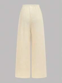 Girlism Teen Girl Apricot Solid Color Ruched Textured Cropped Halter Top With Solid Color Wide Leg Pants 2 Pieces Outfit Set, Suitable For Vacation, Festivals, Lunch, Music Festivals And Outings In Spring/Summer