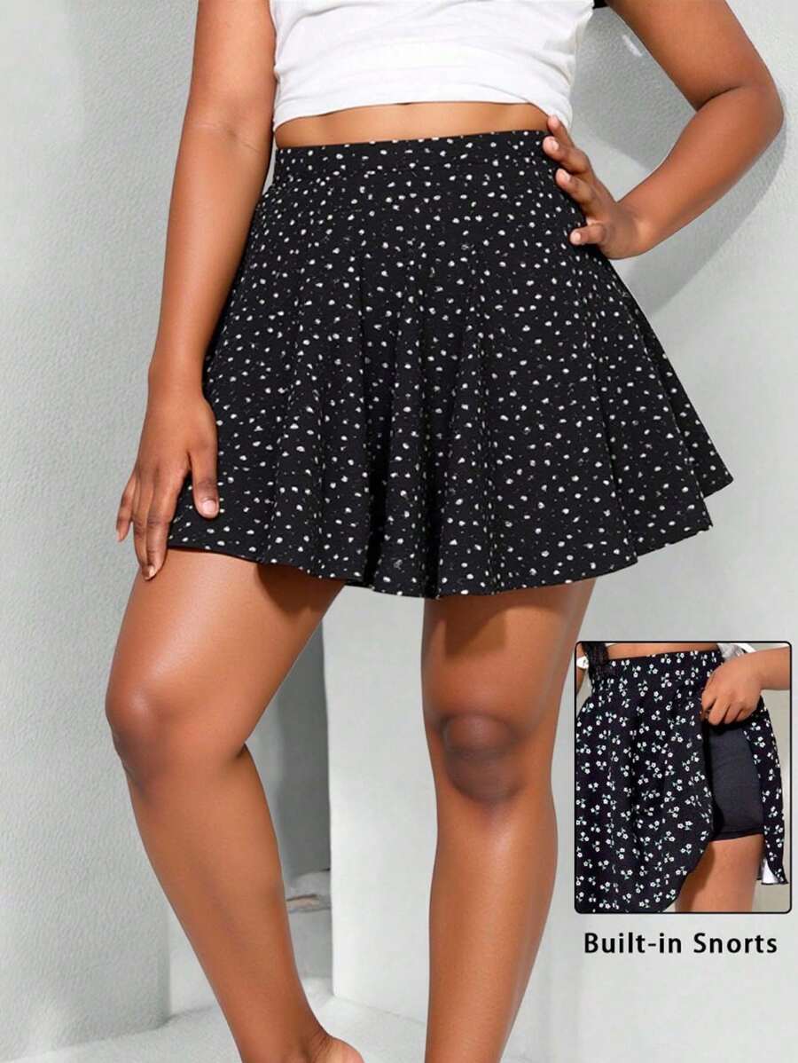 Tween Girl Casual Ditsy Floral Printed Skirt With Leggings - Black - View 1