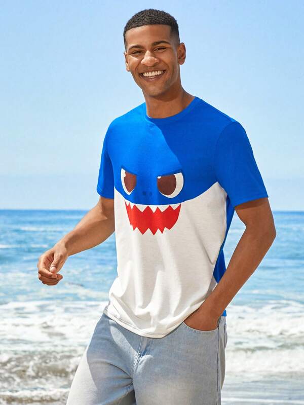 BABY SHARK X SHEIN Men's Casual Vacation Graphic Colorblock Short Sleeve T-Shirt, Summer