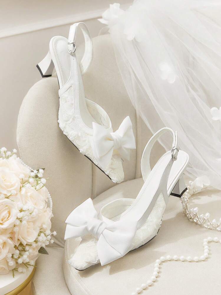 CUCCOO HITCHD Zapatos formales de vestir de mujer con decoración de lazo bordado de encaje, punta cuadrada, tacón grueso, elegante y romántico, de malla blanca - Adecuado para boda, fiesta, cita, baile, etc.