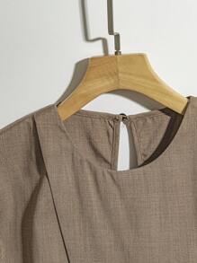 GlowEve 女士纯色圆领盖袖休闲衬衫，夏季 - 卡其色 - 查看 3