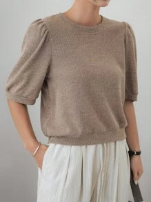 Dazy-Less Blus Wanita Lengan Pendek Elegan dengan Lengan Mengembang untuk Berpergian, Pakaian Kerja Kasual Musim Panas - Coklat - View 4