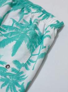 Manfinity Swimmode Men's Elastic Waist Drawstring Summer Casual Swimsuit With Pockets And Palm Tree Print, Hawaiian - Green - View 3