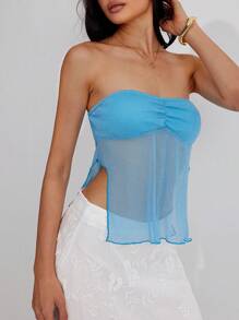 Roylia 女士优雅短款上衣，采用透明网眼亮片侧开衩设计 - 藍色 - 查看 6