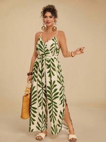 Travachic 大码女式复古休闲树叶印花宽松吊带连体裤，适合度假、海滩、旅行和夏季穿着 - 綠色 - 查看 5
