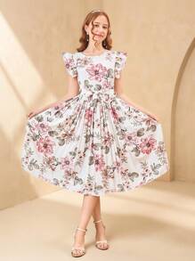 少女优雅花卉印花荷叶边袖系带百褶连衣裙 - 彩色 - 查看 1