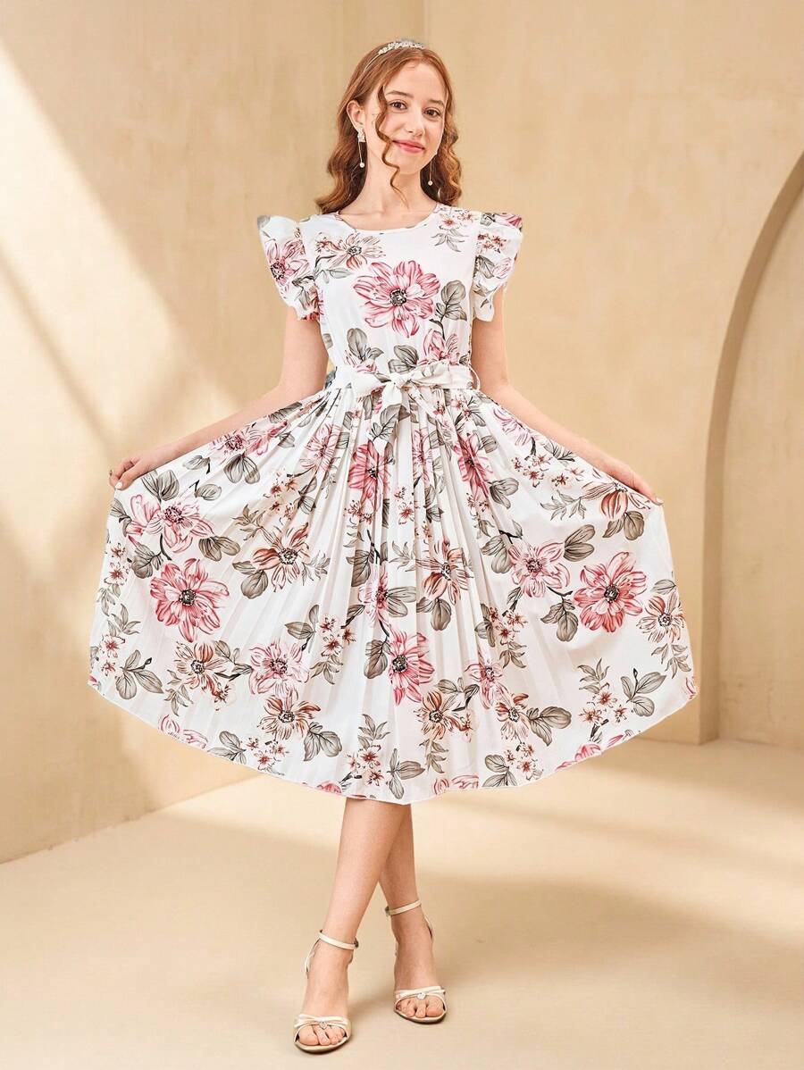 少女优雅花卉印花荷叶边袖系带百褶连衣裙 - 彩色 - 查看 1