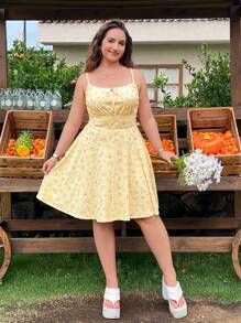 SHEIN EZwear Váy yếm dệt kim in hoa cỡ lớn cho nữ, mùa hè - Màu vàng - Xem 3