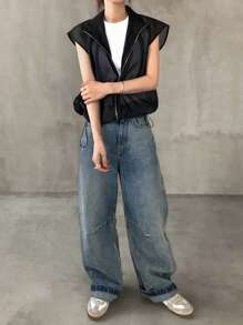 FRIFUL Women's Open Front Sheer Short Metal Zipper Contrast Color Plain Short Sleeve Casual Jacket