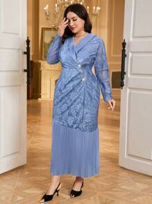 Modelyn Gaun Elegan Lengan Panjang Kerah Renda Bunga untuk Wanita Ukuran Plus - Dusty Blue - View 4