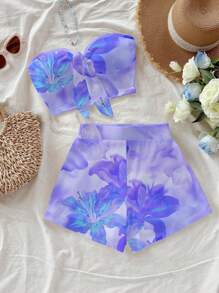 Soleia Bộ đồ áo bandeau nơ phía trước và quần short mini bó sát cho nữ, phù hợp cho mùa hè, màu tím hoa dâm bụt, phù hợp cho kỳ nghỉ - Màu tím - Xem 6