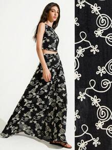 GENKIRA Black & White Contrast Color Vacation Style Embroidered Loose Flare Skirt And Sleeveless Cropped Tank Top Set, Casual Versatile Two Pieces For Women - Black - View 9