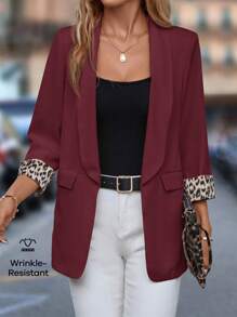 SHEIN Clasi 大码女式优雅日常休闲商务西装外套，带豹纹拼布袖子