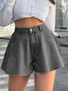EURMUSE 100%Cotton MID WAIST DIAMOND DETAILED SHORT - Light Grey - View 6