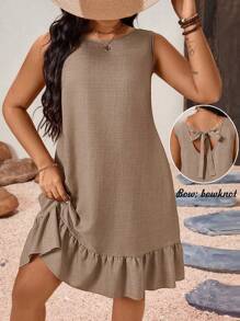 SHEIN CURVE+ Vestido informal casual de mujer de talla grande con cuello redondo sin mangas, lazo en la espalda y bajo acampanado, elegante para el verano