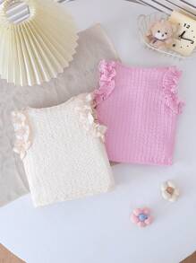 2pcs/Set Baby Girl Solid Color 3D Flower Ruffled Hem Camisole, Suitable For Outdoor, Casual, Sports And More Scenes - Multicolor - View 4