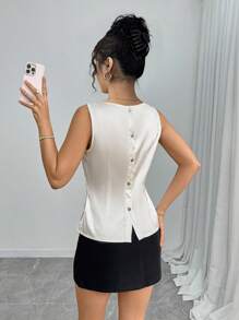 Chiquease Minimalist French Style Sleeveless Top For Women With Placket Back Design Small Lapel For Summer - Apricot - View 4