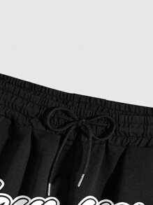 ROMWE MEN Street Life Pantalones cortos deportivos informales de verano para hombres, con estampado de números en inglés americano, color negro