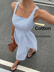 Siren Gaze Women's Summer 100% Cotton Blue Striped Square Neck Sleeveless Long Dress Daily Commuter Wear    Dresses For Women  Summer Outfits For Women  Beach Outfits For Woman  Vacation Outfits Woman  Western Wear Women    Work Summer Dresses Woman S Summer Clothes