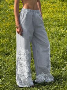 SHEIN EZwear 女式蕾丝拼接条纹口袋阔腿裤 - 灰色 - 查看 5