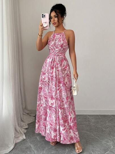 Selianne Robe imprimée avec encolure ras-du-cou sans manches, taille cintrée et ourlet évasé pour femmes