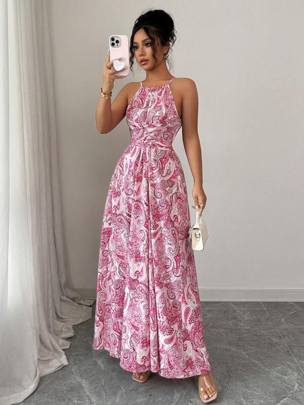 Elenzga Robe imprimée avec encolure ras-du-cou sans manches, taille cintrée et ourlet évasé pour femmes
