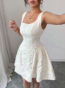 Elenzga Women Apricot Jacquard Textured Backless Tie Back Waist Flare Short Dress - Apricot - View 4