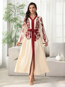 SHEIN Najma 2025春夏宽松束腰撞色印花长裙，端庄 - 杏色 - 查看 3