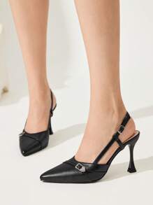 CUCCOO CHICEST Sapatos de salto alto estiletes de bico fino, formato de coração em prata, elegantes, sexy e versáteis para uso diário, clássicos em couro sintético preto, ideais para encontros, chá da tarde, festas e ocasiões formais - Preto - Visão 3
